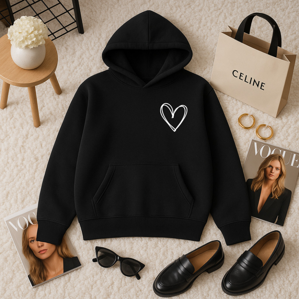 Blusa De Frio Moletom Feminina Coração No Peito Moletom Unissex Bolso Canguru Com Capuz Flanelado Tecido Algodão