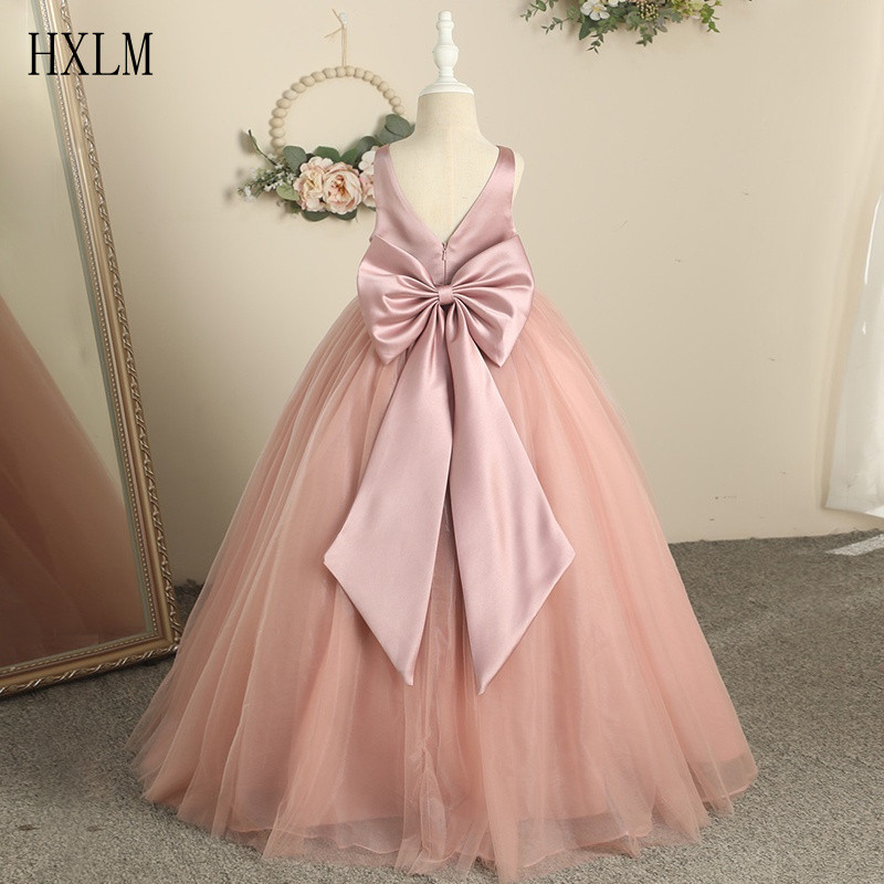 Vestido de Dama de Honra para Casamento com Laço Grande, Sem Costas, em Tule, Vestido Longo de Princesa para Crianças, F