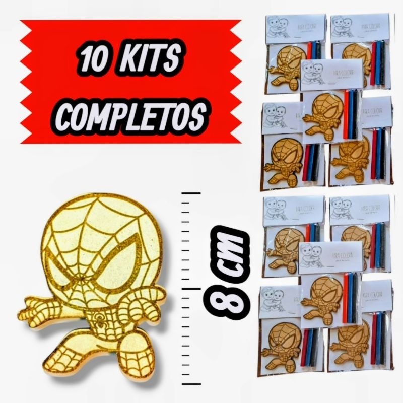 Kit 10 Lembrancinhas Homem Aranha MDF - Já Embaladas com Giz de Cera e Lapela - Kit Pintura Infantil Pronto