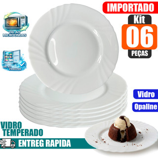 Jogo Kit 06 Pratos De Vidro para Sobremesa 19cm Opaline Branco Resistente