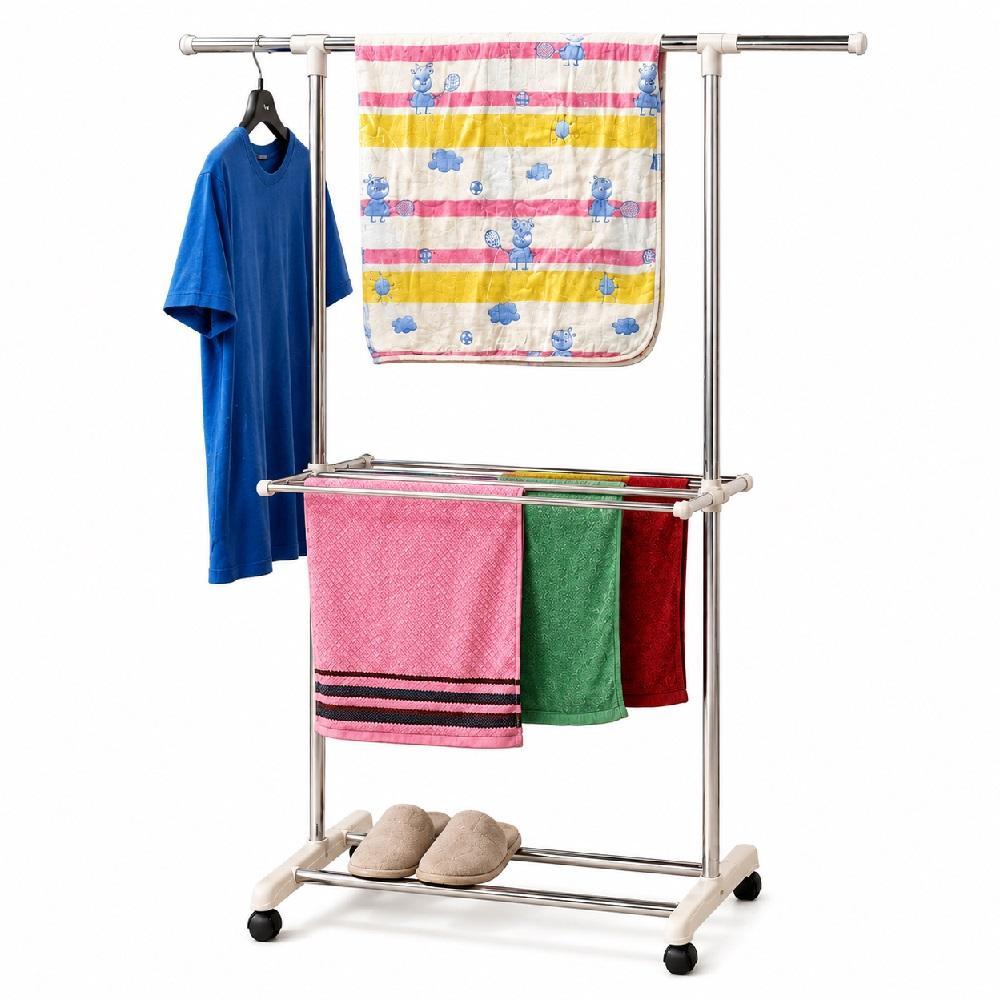 Varal de Chão Inox 3 Andares Dobrável Arara Cabideiro Rodinhas Secador Portátil Multiuso Roupas
