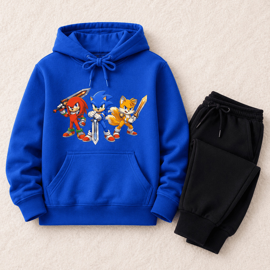 Conjunto Moletom Infantil Sonic Inverno Canguru Menino Roupa Quentinha Estilosa Premium com Calça Preta
