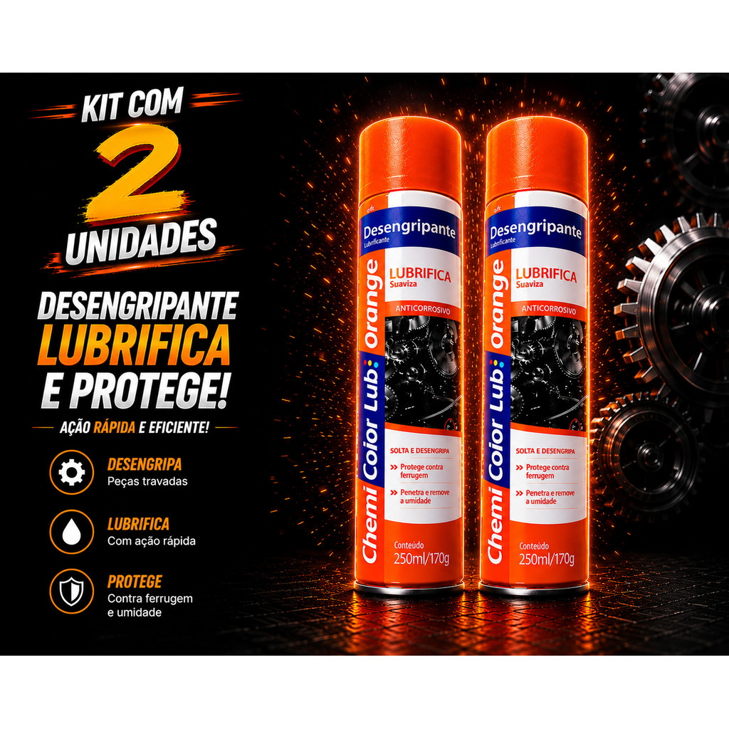 2 Unidades Desengripante Antiferrugem Lubrificante Uso Geral ChemiColor Spray Orange 400ml 250g oleo, multi uso