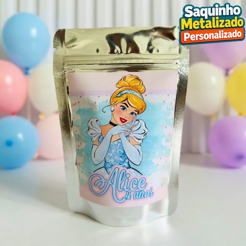 Saquinho Metalizado Cinderela Personalizado / Lembrancinha de Festa /Aniversário