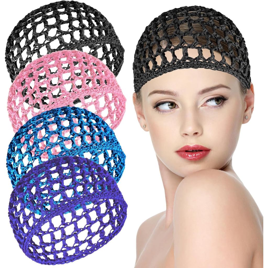 Aster 4 Peças de Rede de Cabelo em Crochê, Touca de Malha de Rayon, Faixa de Cabelo para Dormir, Rede de Cabelo de Nylon
