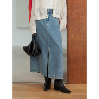 CLMX Sarja Algodão Lavado Denim Saia Mulheres Primavera Verão Commuter Diamante Quente Fenda Frontal High-End Saia Longa