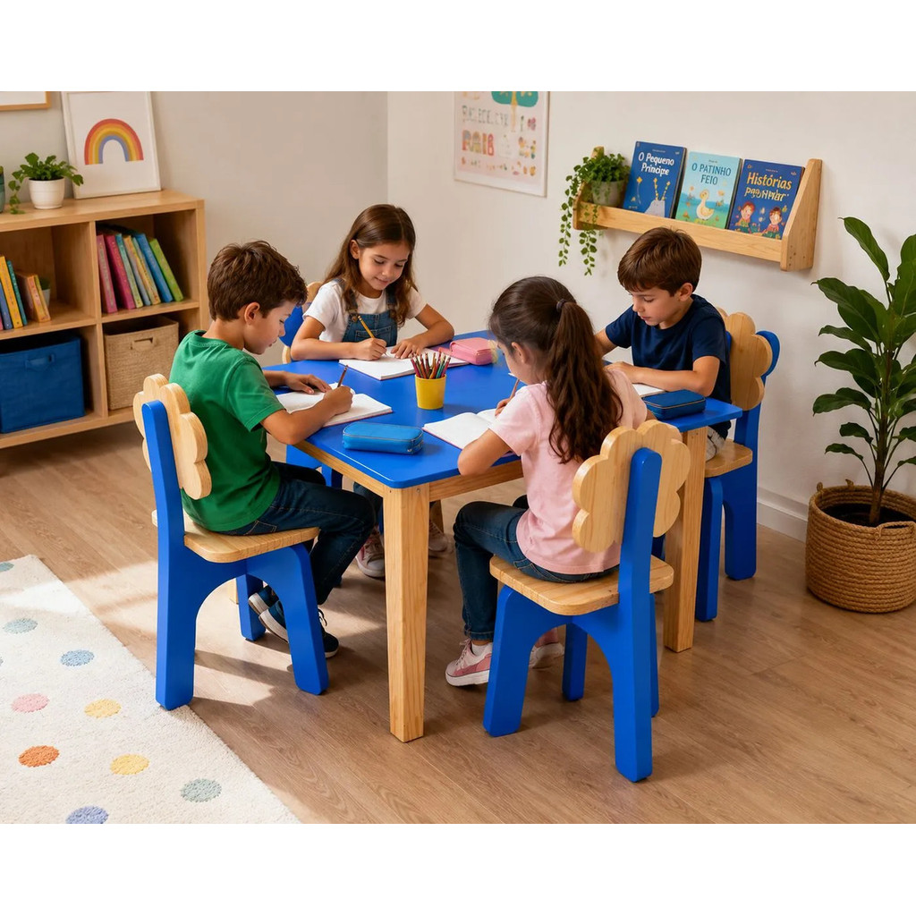 Mesa Mesinha Didatica Infantil Azul Com 4 Cadeira