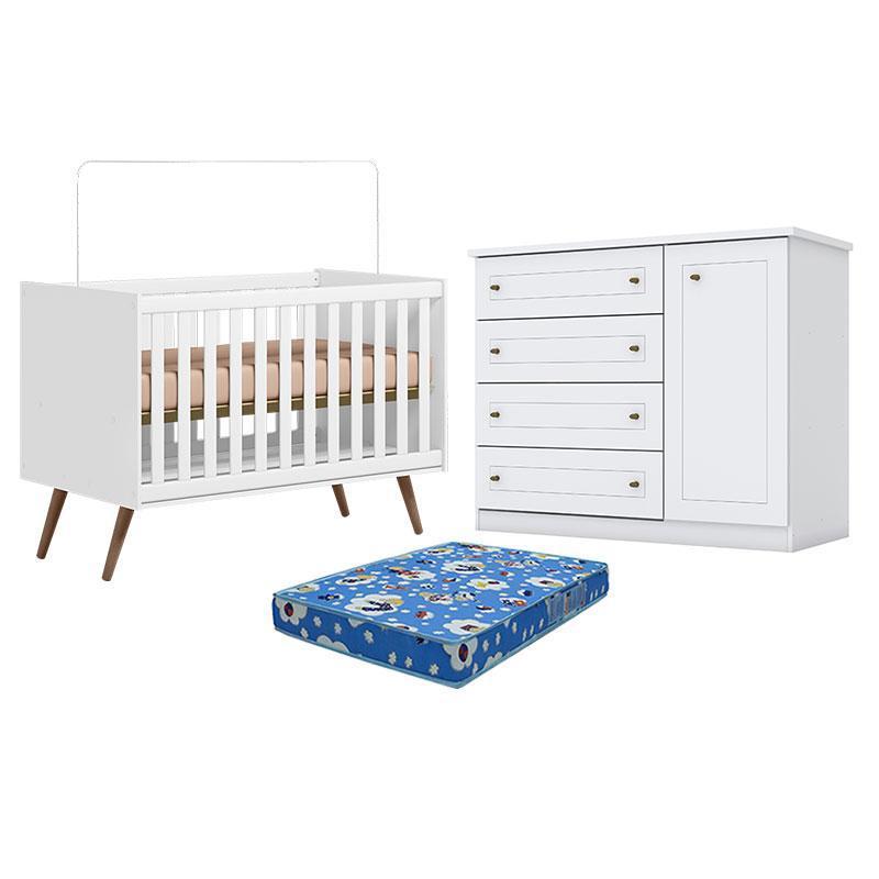 Berço Q Encanto 3820 Retrô Branco Acetinado - Qmovi e Cômoda Infantil Branco HP e Colchão TendTudo - Henn