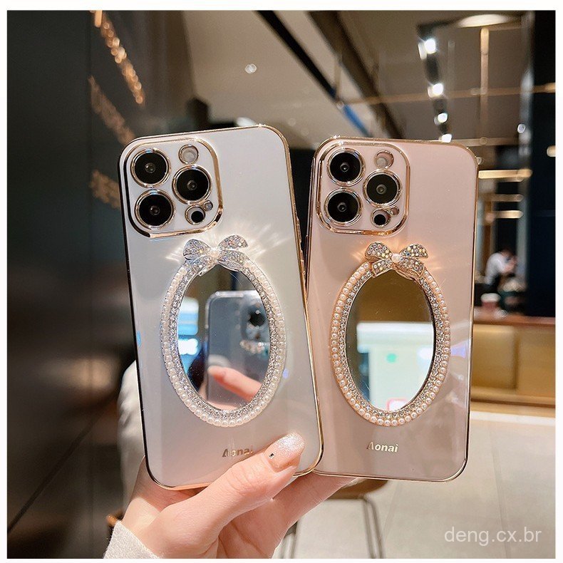Capa espelhada com laço TVII em estoque, adequada para capa de celular Apple 17pro, iPhone 16 com strass e pérolas, capa