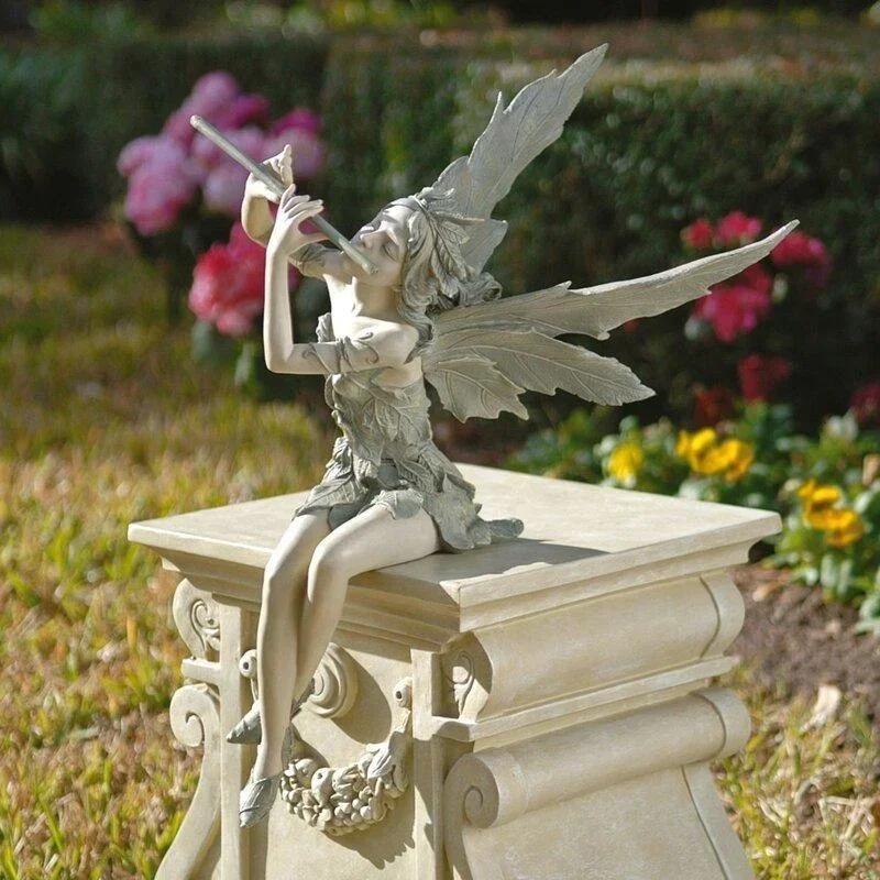 Jogando A Flauta Estátua De Fadas Anjo Jardim Escultura Decoração Ao Ar Livre Gramado Pátio Resina Elfos Artesanato Arte