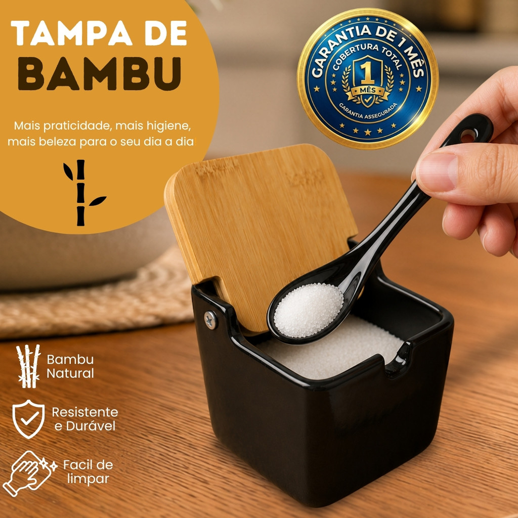 Saleiro Em Porcelana Manhattan Com Tampa De Bambu Premium