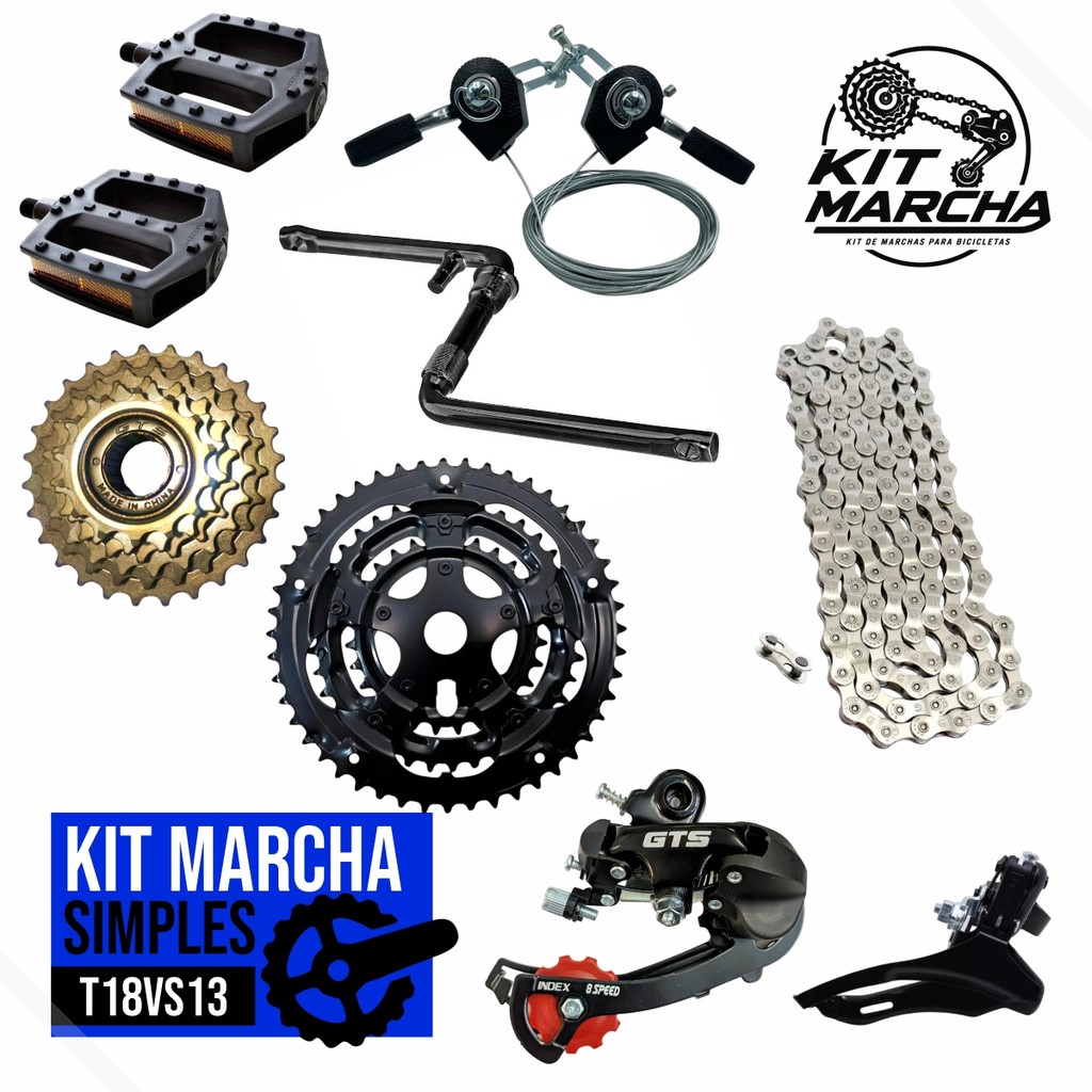 Kit Transmissão 18v - Catraca + Corrente + Engrenagem + Pedivela + Pedal + Alavancas + Cambios GTS