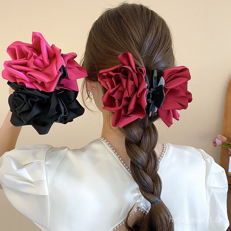 Presilha de Cabelo em Forma de Flor Rosa Vermelha e Branca, Acessório de Cabelo para Mulheres