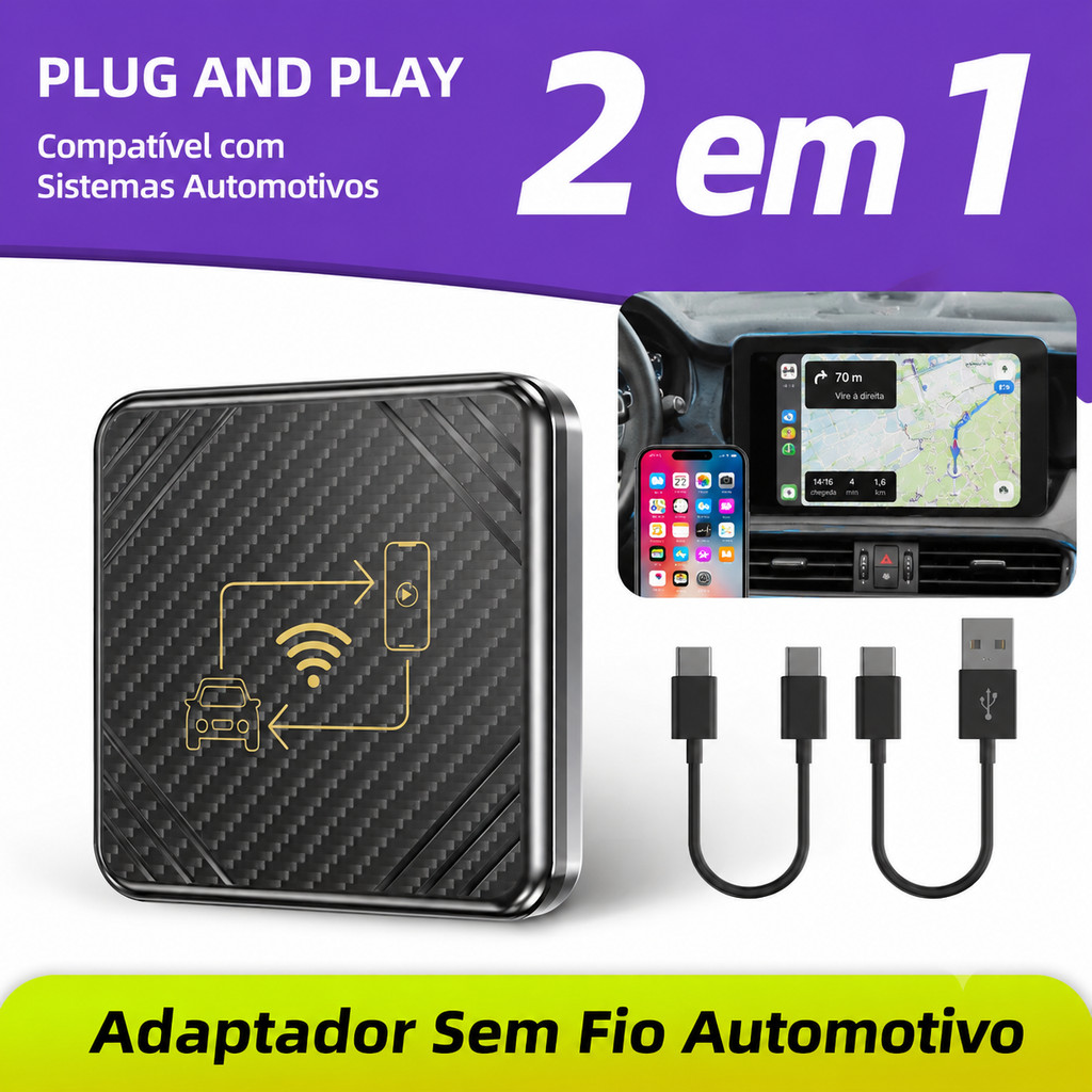 Adaptador Sem Fio Automotivo Compativel Com Carplay E Android Auto Smart Box 2 Em 1