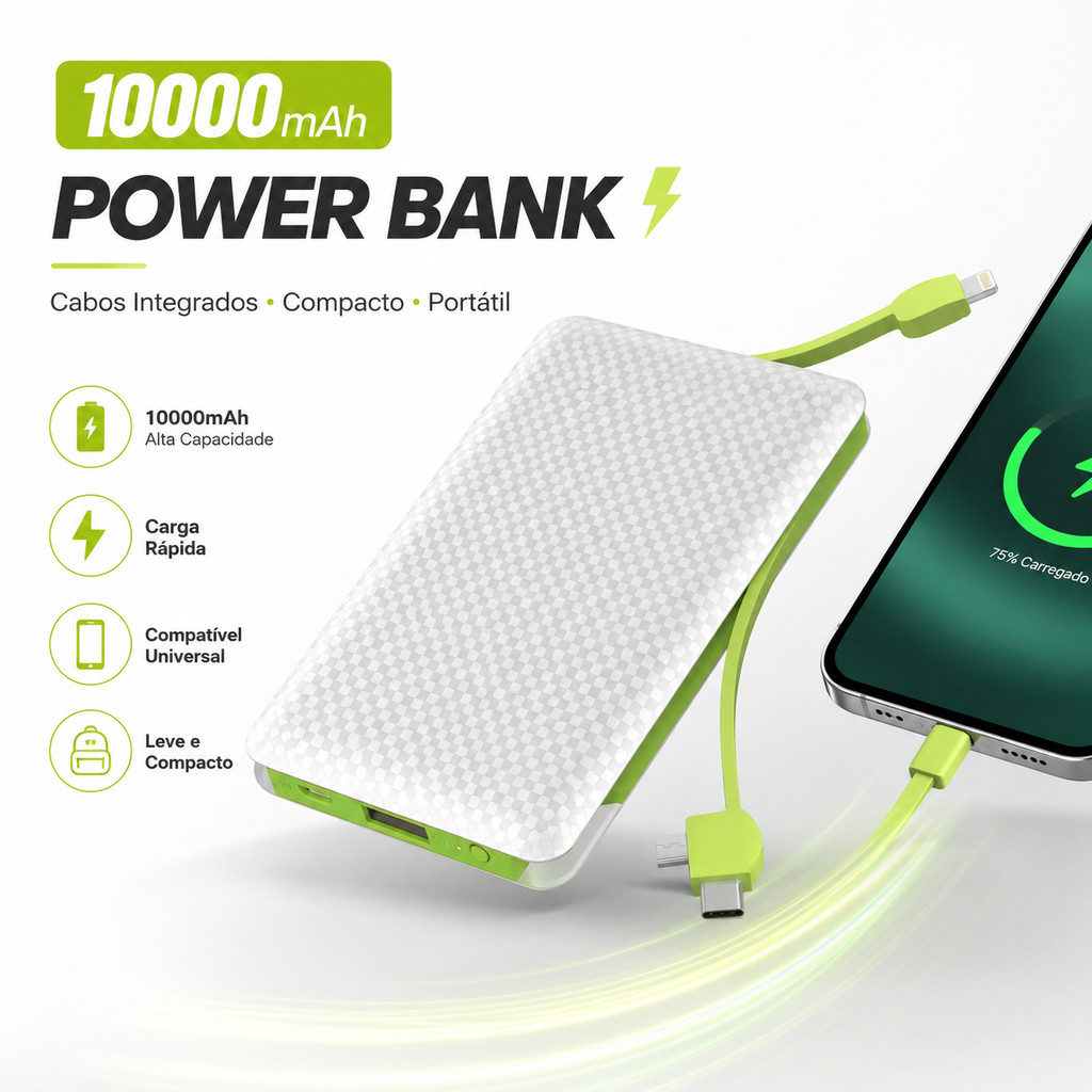 Power Bank 10000mAh Com Cabos Integrados Carregador Portátil Tipo C ios USB