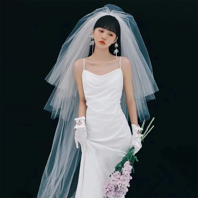 2024 outono inverno novo estilo noiva casamento fofo longo Retro véu colar certificado foto adereços branco Multi-camada