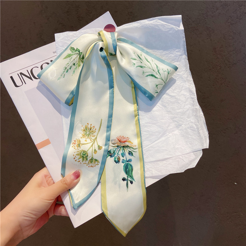Pequeno pequeno fresco flor verde impresso longo listrado lenço de seda primavera outono verão decoração pequeno cacheco