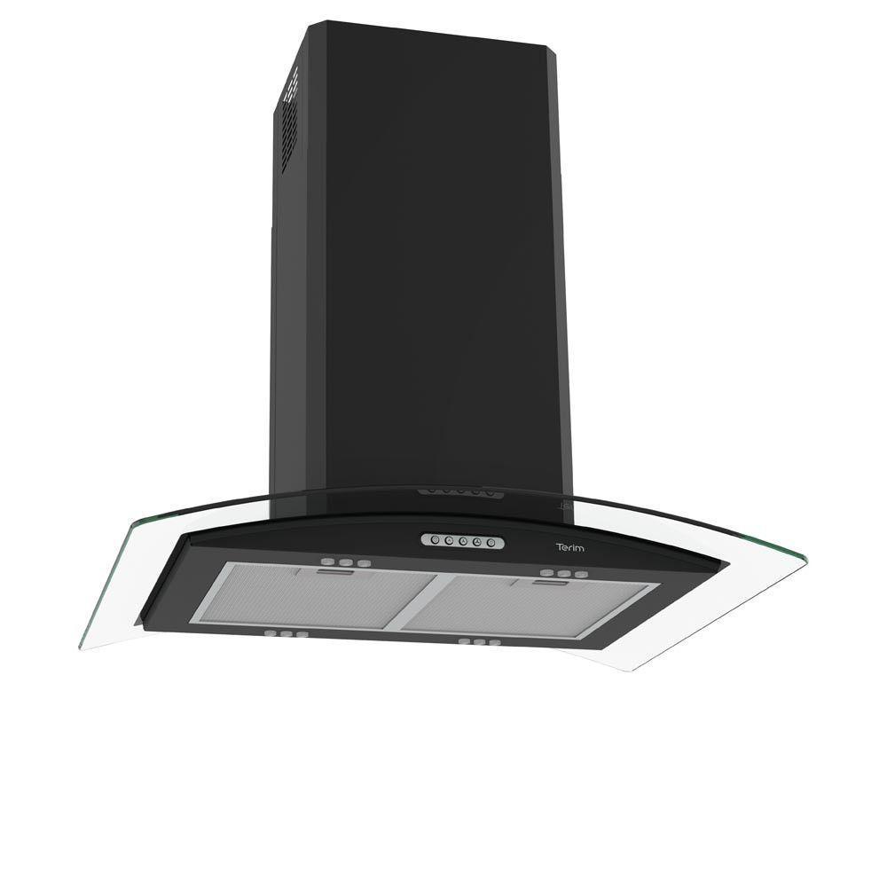 Coifa de Ilha Terim Ilha Teto Vidro Curvo Black 75cm Vidro com LED Preto 110V