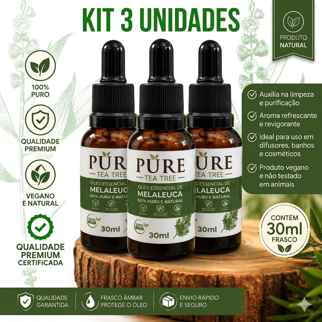 3x Óleo Essencial de Melaleuca 100% Puro Tea Tree 30ml Cada - Com Conta Gotas