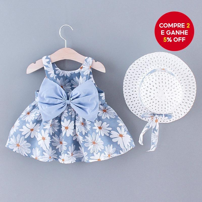 Adorável Conjunto De Vestido Com Estampa De Margaridas Para Crianças E Meninas , Roupa De Verão Sem Mangas Bebês Chapéu