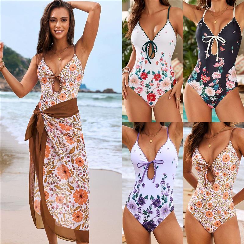 2026 novo estilo fixo impresso maiô concha lado maiô flor Bud maiô de uma peça terno menina quente