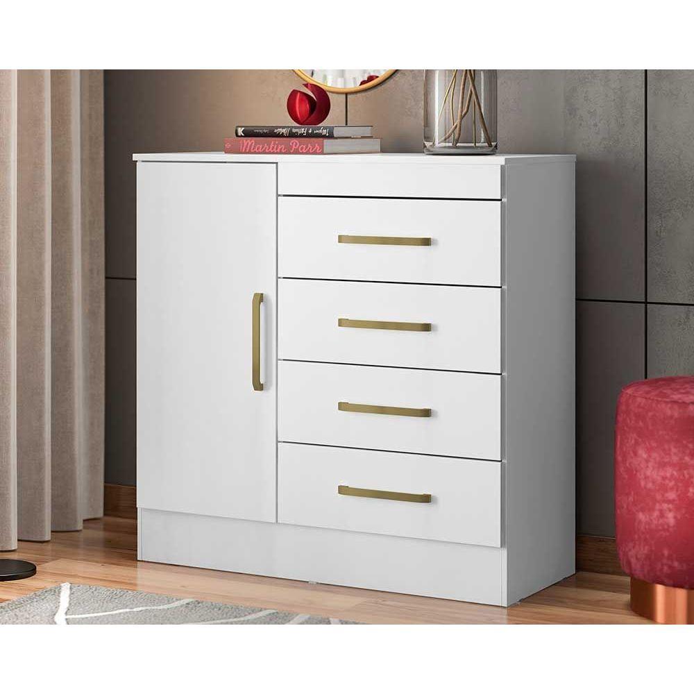 Cômoda de Quarto Montevideu c/ 1 Porta e 4 Gavetas Flex Branco/Branco ou Rosa - Demóbile