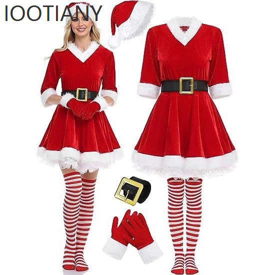 Moda Feminina Meia Manga Vestido Vermelho Papai Noel Tema De Natal Traje Cosplay Cinto Fantasia
