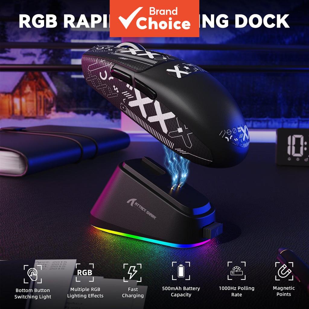 Mouse Gamer Sem Fio ATTACK SHARK G3 PRO, Tri-Modo 2.4G/Bluetooth, Dock de Carregamento Magnético, 62g Ultraleve, Sensor