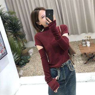 Outono inverno novo estilo versão coreana destacável manga comprida camiseta camisa de fundo feminina gola meia alta mag