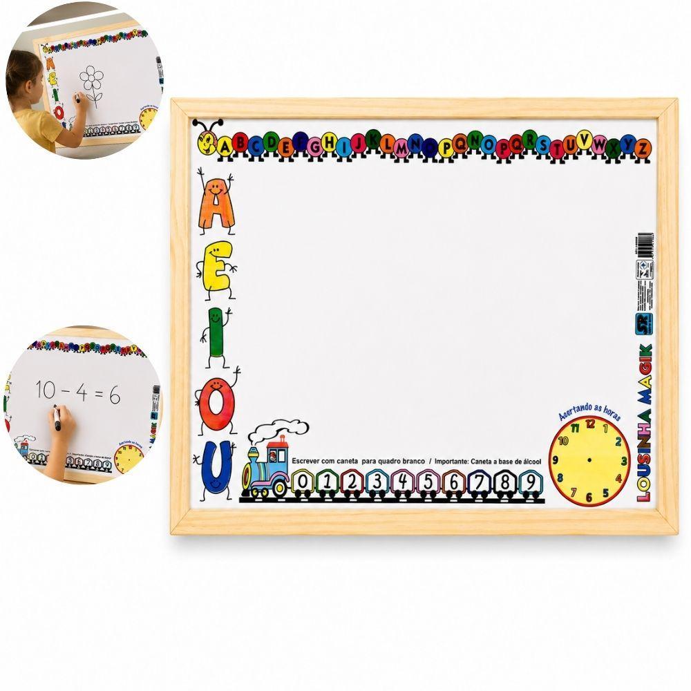 LOUSA QUADRO BRANCO INFANTIL EDUCATIVA MAGIK MOLDURA MADEIRA ALFABETO NUMEROS RELOGIO APRENDIZADO KIDS