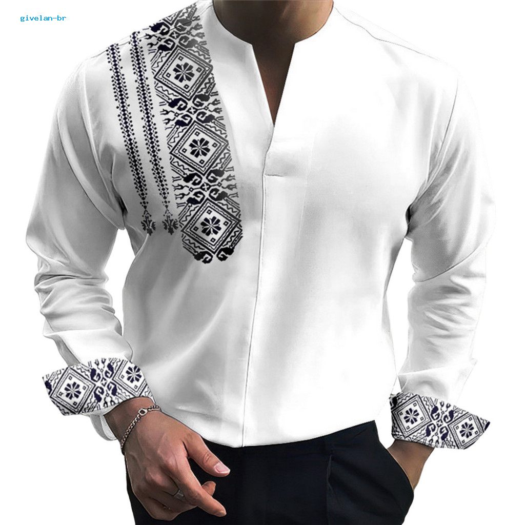 Long-sleeve Shirt Men V-neck Men's Autumn Spring Slim Fit Printed Long Sleeve Retro Color Block Pullover Formal Business