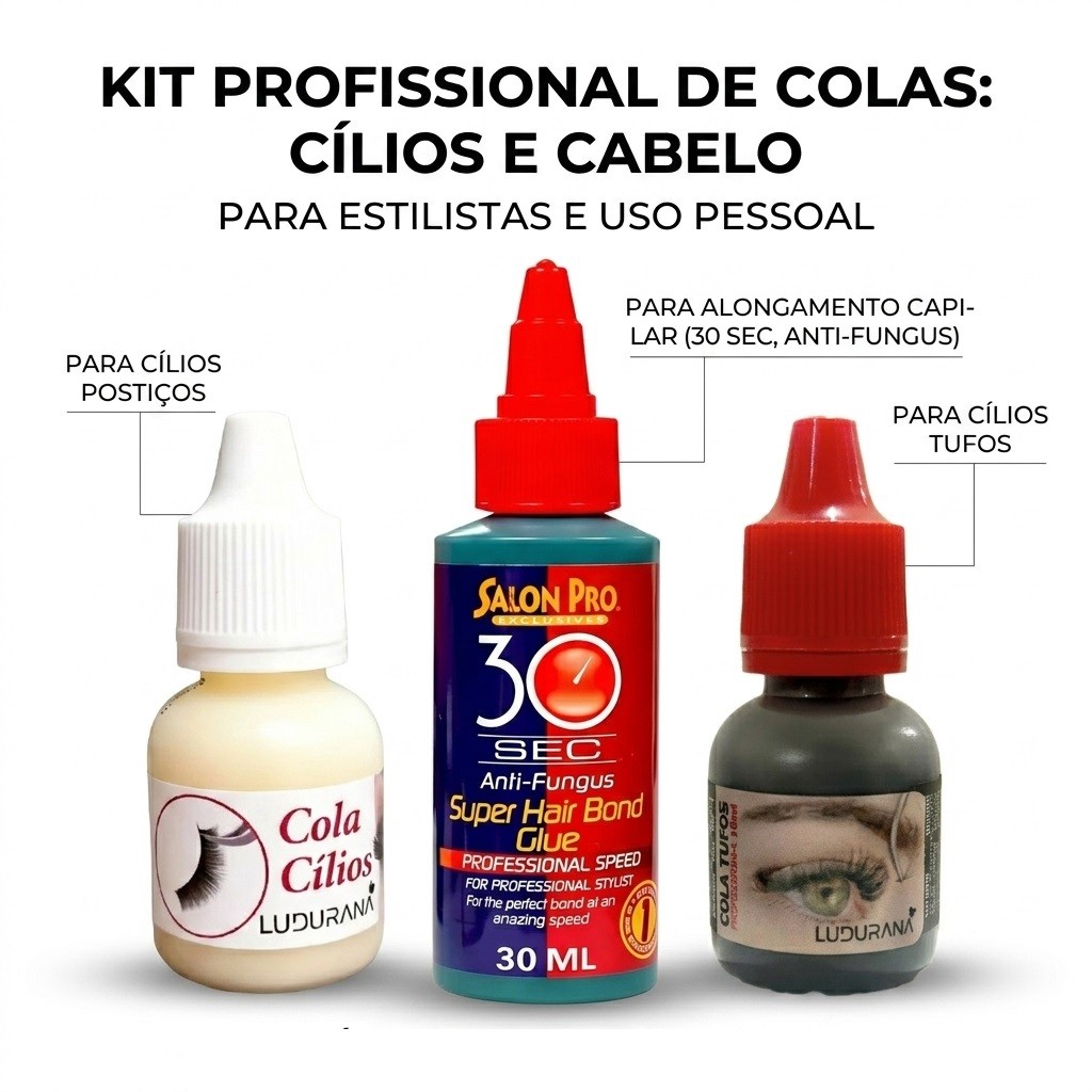 Cola para Cílios Ludurana + Salon Pro 30sec Fio a Fio Tufos e Cílios Postiços Secagem Rápida