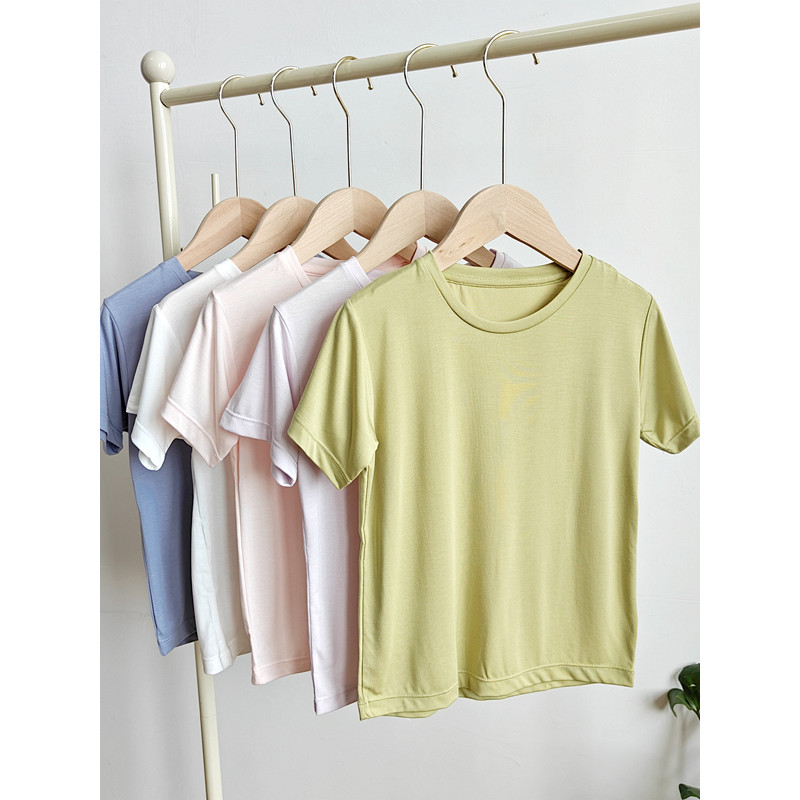Camiseta ultrafina elástica de manga curta infantil verão manga curta Tops meninos meninas camiseta fina @-