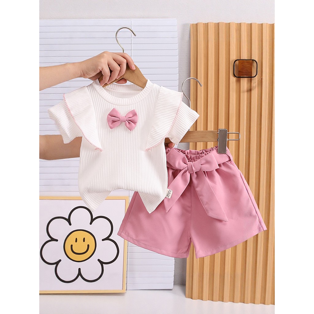 Meninas roupas de verão moda laços de manga curta Shorts terno bebê verão meninas roupas finas bebê crianças roupas