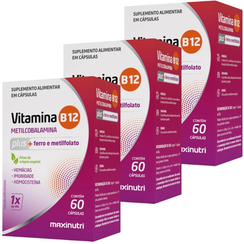 KIT 3X Vitamina B12 PLUS (Metil + Ferro + Ácido Fólico) 60 cáp - Maxinutri