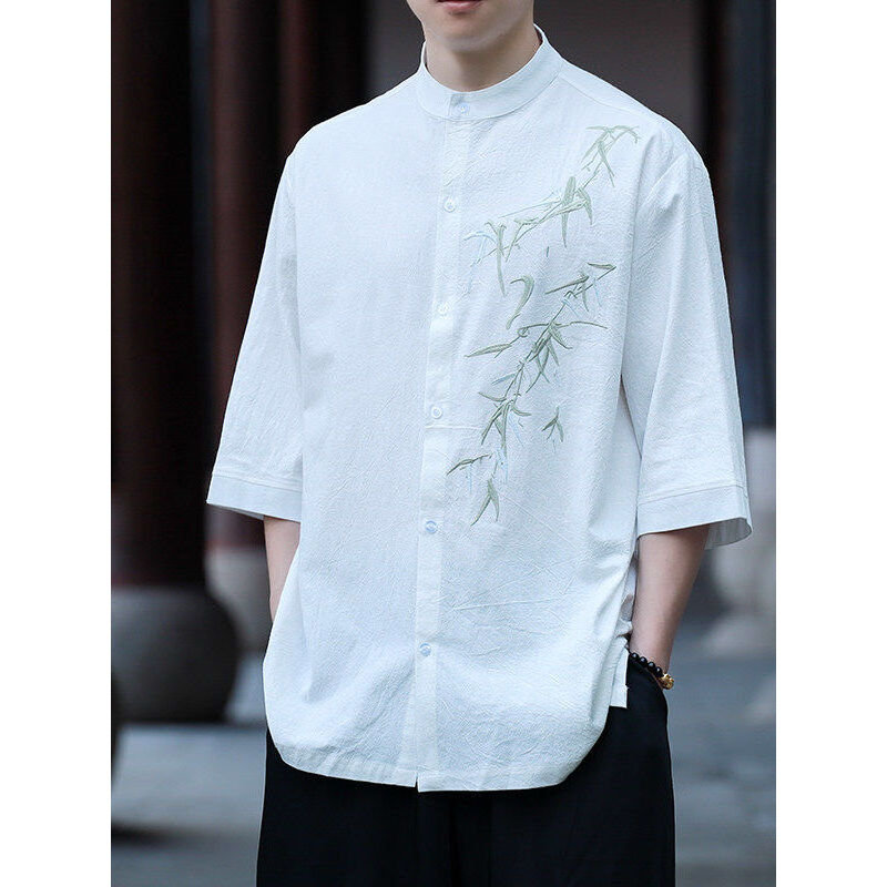 Verão fino estilo chinês folha de bambu bordado gola alta camisa de manga curta masculina novo chinês Casual topo na mod