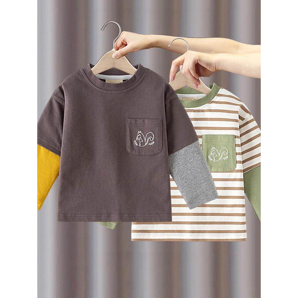 Meninos camiseta de manga comprida 2026 primavera outono novo estilo crianças bebê puro algodão Casual t listrado falso 