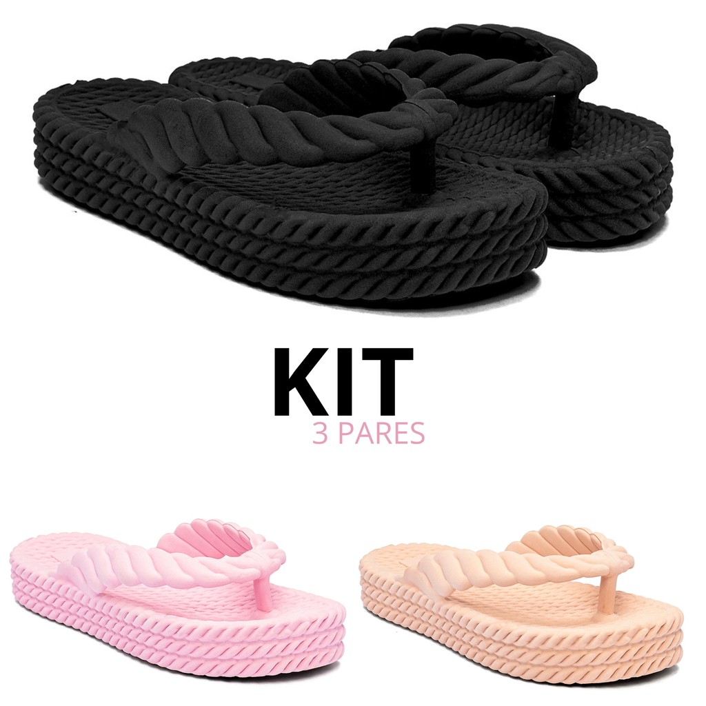 Combo 1 2 e 3 Pares Tamanco Chinelo Feminino 3 Tranças Plataforma Nuvem Confortável