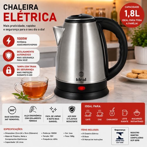Chaleira Elétrica Inox 1.8L Café Chá Rápida Potente Desligamento Automático Jarra de Aquecer Água