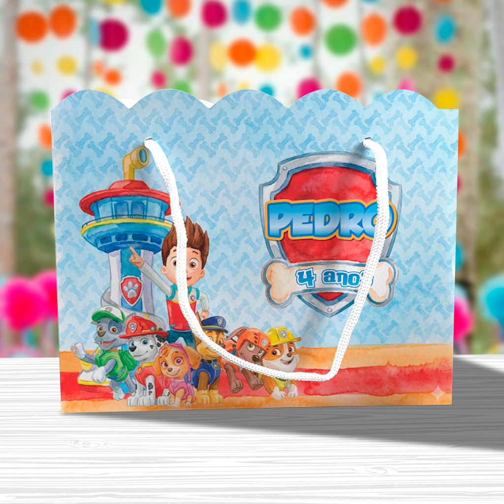 Sacolinha de Festa Patrulha Canina Aquarela Lembrancinha Personalizada Kit Festa Sacola Ondulada Chase Marshall Skye