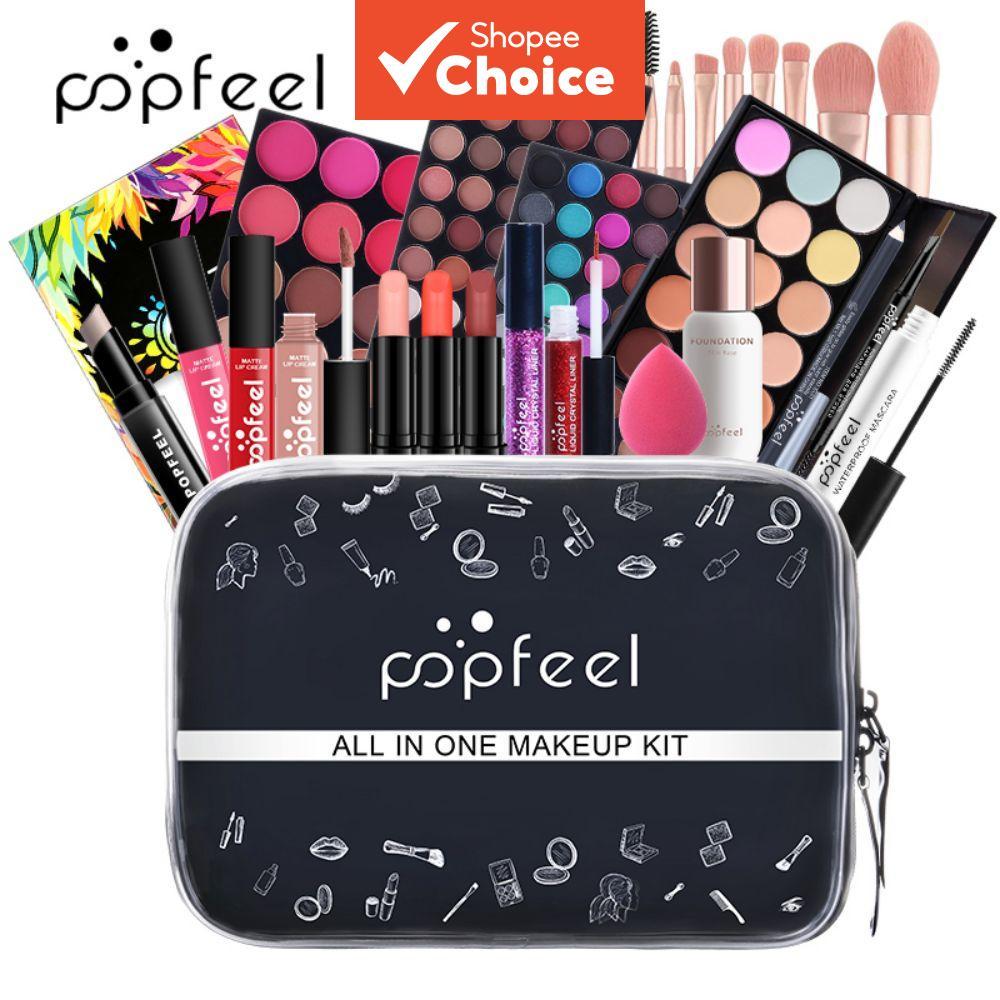 Conjunto de Maquiagem POPFEEL Completo para Iniciantes, Paleta de Sombras, Batom, Brilho Labial, Delineador, Máscara de