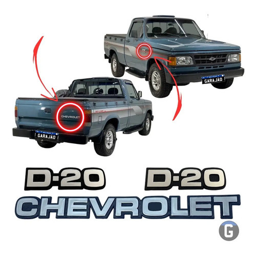 Kit Emblemas D20 Plaqueta Lateral + Chevrolet Tampa Traseira