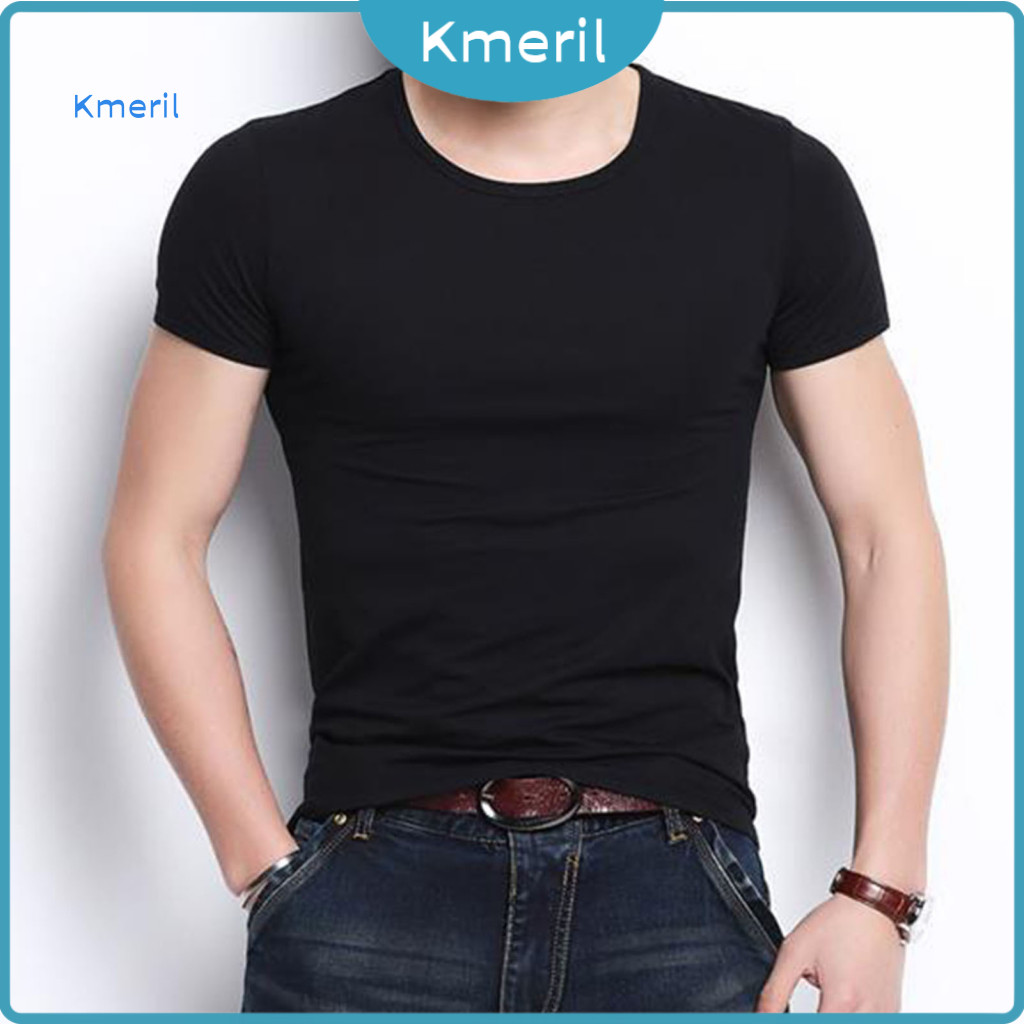 Slim Fit T-shirt Elegant Blouse Summer Men’s Short Sleeve V Neck Round Soft Breathable Thin Pullover Solid Color Top f