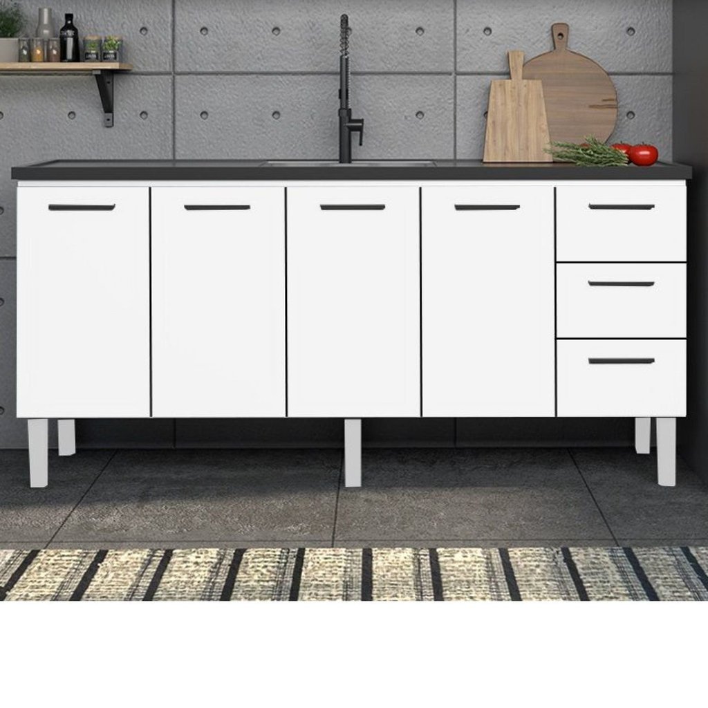 Balcão para Pia de Cozinha 200cm 4 Portas 3 Gavetas Vênus Yescasa Branco 192