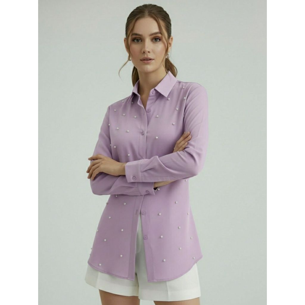 Camisa Social Feminina com Pérolas Premium Lilás Blusa de Luxo Manga Longa Elegante com Aplicações de Pérolas Longa