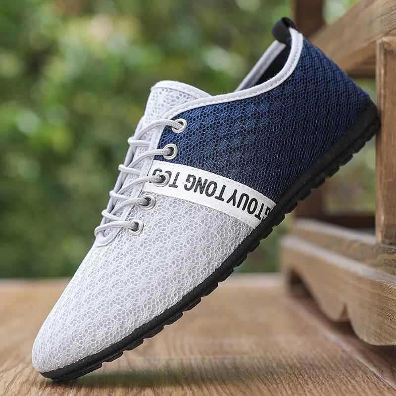 Sapatos masculinos de verão respirável desodorante malha sapatos casuais masculinos plana oco velho pequim pano sapatos