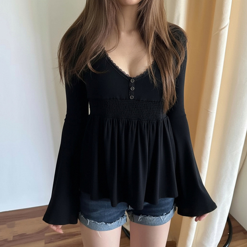 Camiseta Feminina De Renda Patchwork Gola Boneca Cintura Cinched Linha A Bainha Manga Comprida Top Emagrecedor