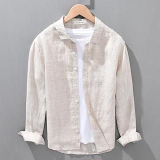 Primavera verão novo estilo masculino puro linho camisa de manga comprida linho solto tamanho grande cor sólida algodão 