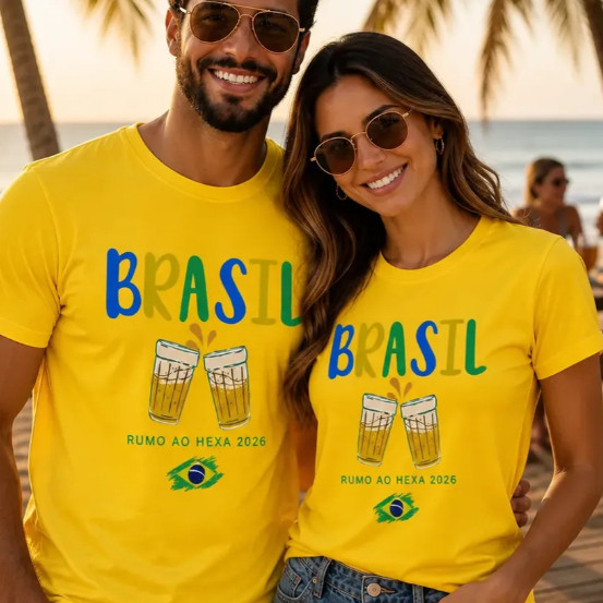 Kit 2 Camisas Casal Brasil Copa Do Mundo Cervejinha Rumo Ao Hexa Jogo Presente Dia dos Namorados
