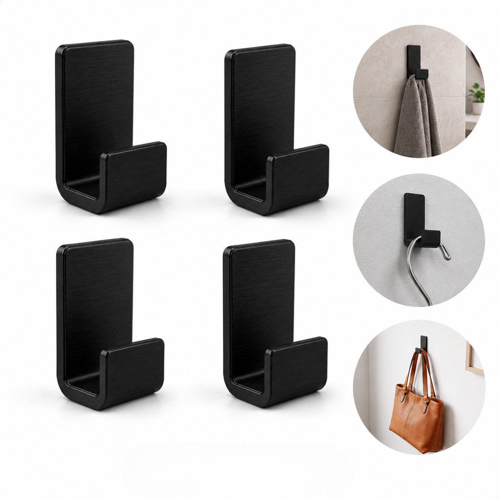 Gancho Cabideiro Adesivo De Parede Suporte Toalhas Banheiro Bolsas Com Fita 3m Minimalista Preto